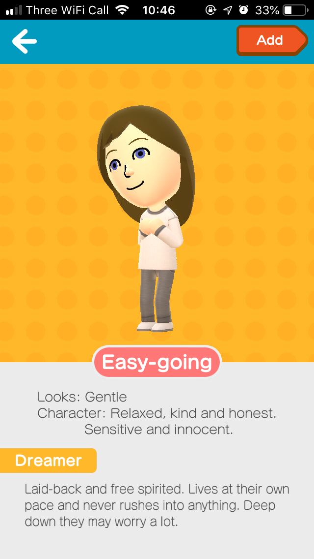 Screenshot of Miitomo Mii personality screen - our lead developer's Mii is Easy-going and a Dreamer.